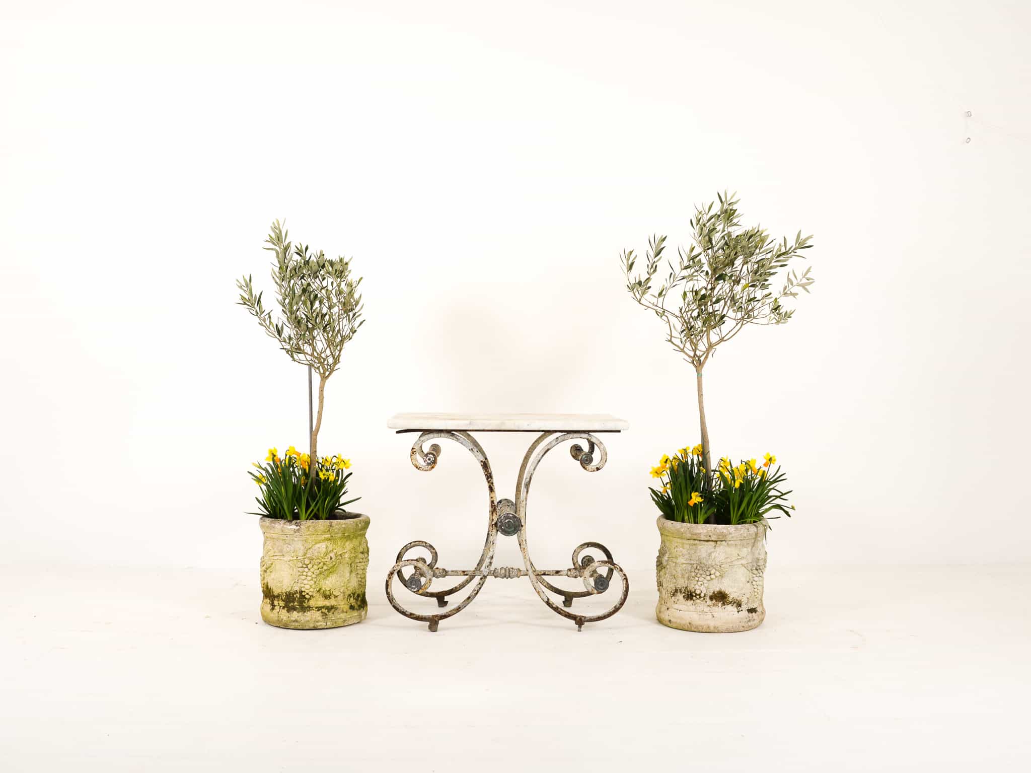 Pair of stone planters with grape design
