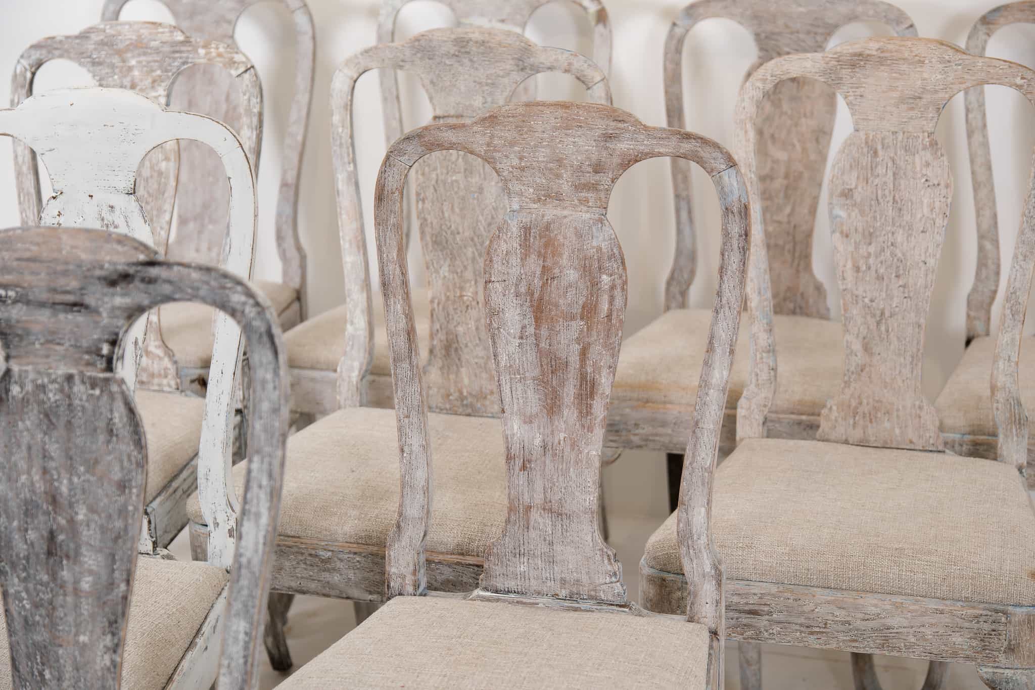 Set of 10 Swedish chairs, 19th century, scraped
